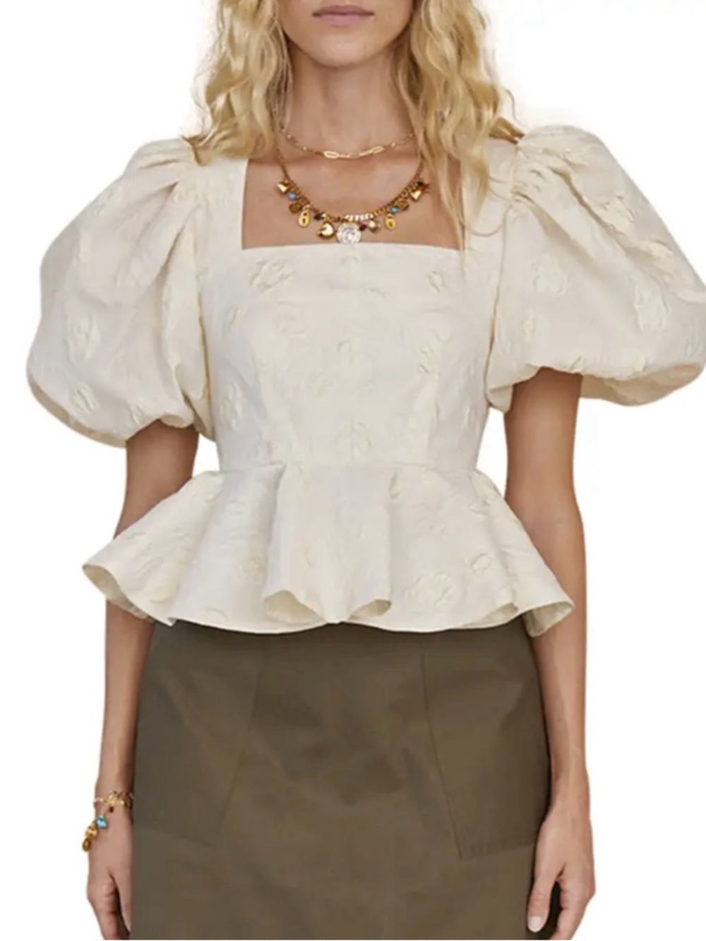 HUNTER BELL Cream Square-Neck Puff Sleeve Peplum Top